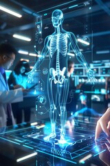 Futuristic digital medical concept with a holographic human body model and technological elements, business people using a tablet to analyze data in an office background in the style of various artist - obrazy, fototapety, plakaty