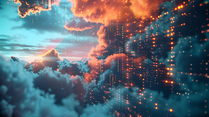 Cloud and edge computing technology concepts with cybersecurity protection. There is a large cloud icon that stands out in the middle. Binary code polygon and small icons on dark blue background.
