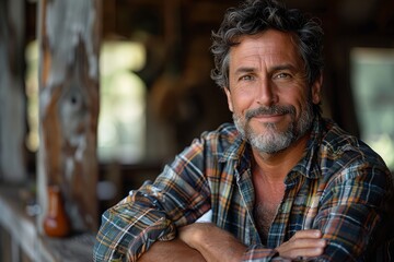 Middle-aged man with gray hair and stubble smiles warmly, wearing a casual flannel shirt and exuding confidence - obrazy, fototapety, plakaty