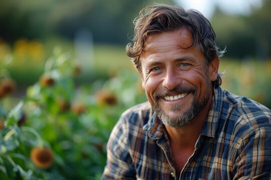 Cheerful man with a scruffy beard smiles in a sunflower field, radiating joy and casual style