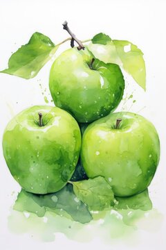 Beautiful watercolor green apples in splashes of juice on a white background. Fresh green apples in water