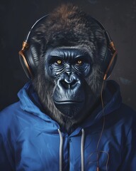 gorilla with headphones and blue hoodie, dark background, hyper realistic,