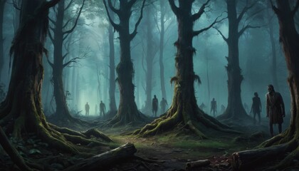 An atmospheric scene unfolds as shadowy figures traverse a mist-enshrouded forest, ancient trees towering over the eerie silence.. AI Generation
