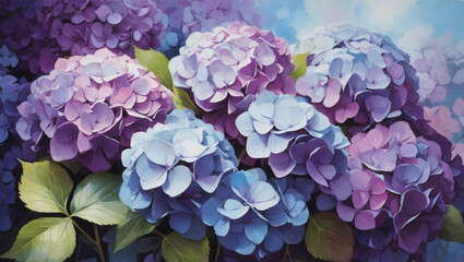 Dreamy floral background featuring a cluster of hydrangea blossoms in shades of blue and purple, rendered in oil paints.