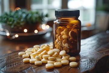 A black jar with a white label next to a pile of vitamin D pills on a textured wooden surface