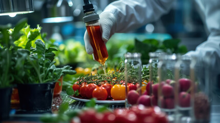 Obraz premium Scientist wearing gloves holds a dropper above a plate of cherry tomatoes.