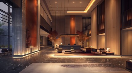 A panoramic view capturing the lobby's opulent furnishings and modern decor. - obrazy, fototapety, plakaty