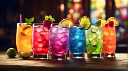 A detailed close-up of a row of colorful drinks placed on a wooden table, showcasing the vibrant colors and textures of each drink. The image should capture the realism of the beverages, including det