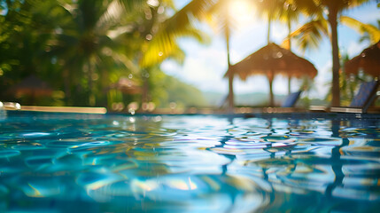 sunset in the pool, Pool water on blurred background of resort hotel beach, A swimming pool with...