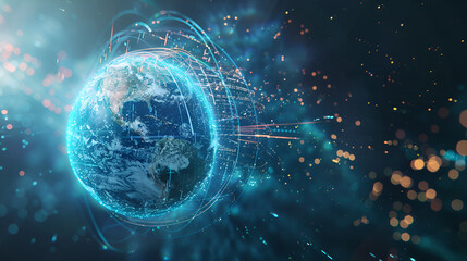 World, pattern and networking grid for communication, community and society connection. Earth,Connections system sphere global world view on city background 3D rendering,Earth surrounded by lines  - obrazy, fototapety, plakaty