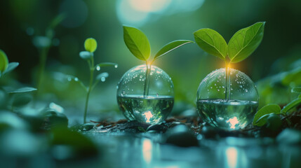 Two glass spheres containing small plants sit on the ground in a lush forest setting.