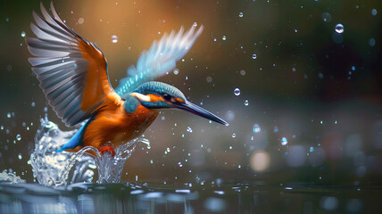 Kingfisher takes of from the water with splashing water around the bird - Powered by Adobe