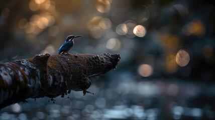 Kingfisher sitting on tree stem above water  - obrazy, fototapety, plakaty