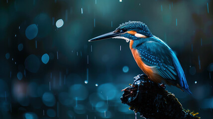 Kingfisher sitting on tree stem above water in rainfall