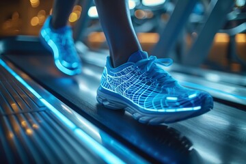 Dynamic image of a runner's feet with blue illuminated sneakers on a treadmill, conveying action and fitness