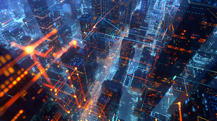 3D rendering of abstract digital city with wireframe buildings and lights,Digital visualization of smart grid electricity transmission in a vibrant city,Smart network and Connection technology