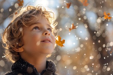 A young child gazes upwards among falling golden leaves, capturing the essence of autumn and childhood wonder