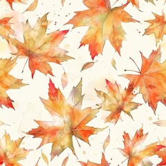 Fototapeta premium Light watercolor maple leaves, seamless autumnal pattern, gentle and graceful. Seamless pattern, Fabric Pattern, Tumbler Wrap, Mug Wrap.