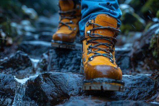 Close-up of bright orange hiking boots stepping on wet rocks in a stream, symbolizing adventure and exploration