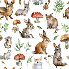 Watercolor forest animals, seamless pattern, soft and natural. Seamless pattern, Fabric Pattern, Tumbler Wrap, Mug Wrap.