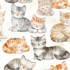 Light watercolor kittens, seamless pattern, cozy and curious . Seamless pattern, Fabric Pattern, Tumbler Wrap, Mug Wrap.