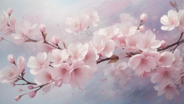Ethereal floral background showcasing delicate cherry blossoms floating on a gentle breeze, painted with soft, ethereal strokes in oil.