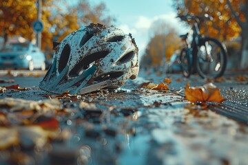 An image capturing a discarded cycling helmet amidst wet leaves on a roadside, hinting at an abrupt end to a journey - obrazy, fototapety, plakaty