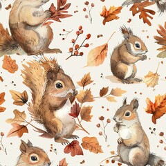 Fototapeta premium Light watercolor squirrels, seamless autumn pattern, playful and busy. Seamless pattern, Fabric Pattern, Tumbler Wrap, Mug Wrap.