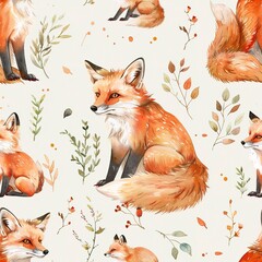 Seamless light watercolor foxes, cunning and bright, woodland allure. Seamless pattern, Fabric Pattern, Tumbler Wrap, Mug Wrap. - obrazy, fototapety, plakaty