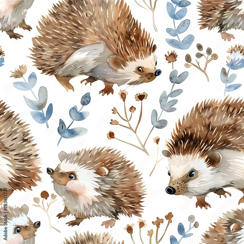 Sticker Seamless pattern of watercolor hedgehogs, soft and curious, woodland charm. Seamless pattern, Fabric Pattern, Tumbler Wrap, Mug Wrap.