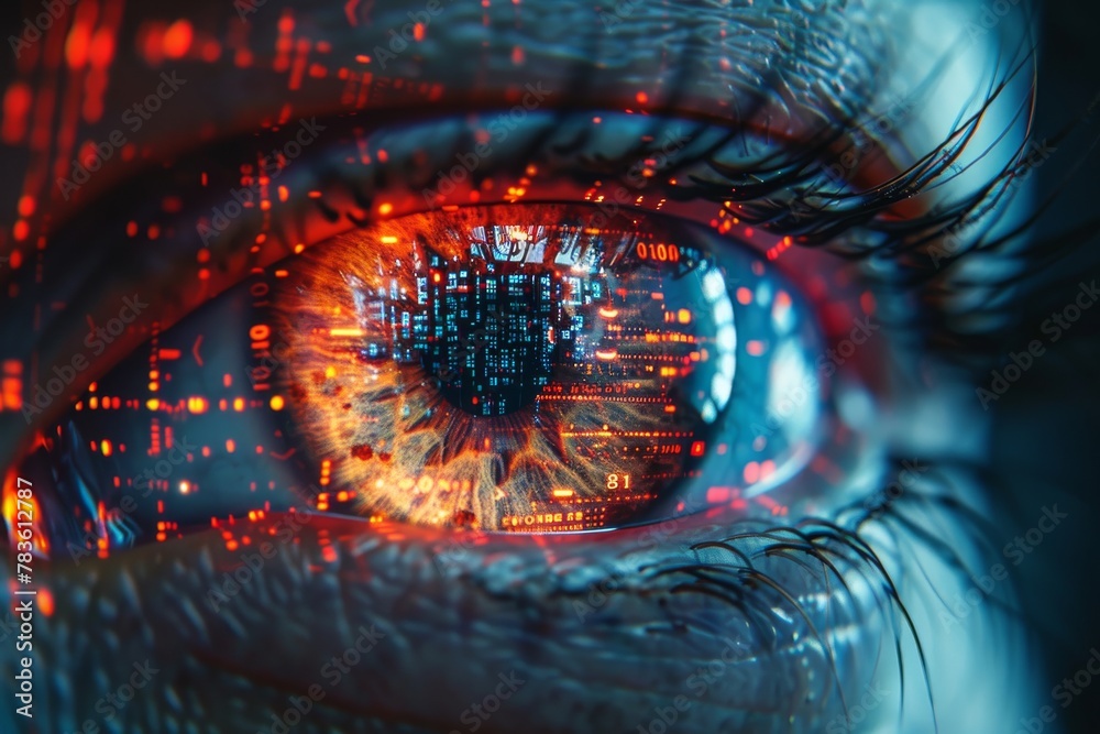 Poster a human eye with a high-tech, digital overlay reflecting data and binary code representing surveilla