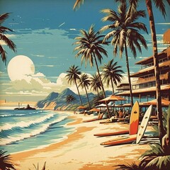 Retro-style poster of a beach resort with surfboards, palm trees, and sunbathers.
