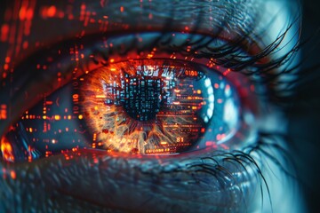 A human eye with a high-tech, digital overlay reflecting data and binary code representing surveillance or futuristic vision