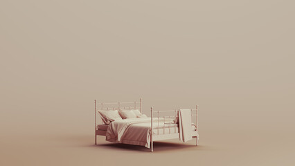 Bed vintage iron bed frame comfortable neutral backgrounds soft tones beige brown background 3d illustration render digital rendering - obrazy, fototapety, plakaty