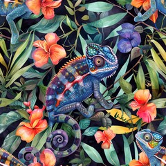 Watercolor chameleons, seamless jungle pattern, hidden and colorful. Seamless pattern, Fabric Pattern, Tumbler Wrap, Mug Wrap.
