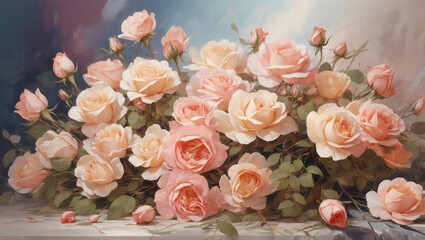 Obraz na płótnie Canvas Enchanting floral background featuring a bouquet of delicate roses in full bloom, rendered in rich oil paints.