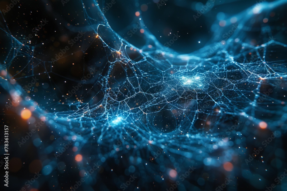 Poster this image depicts a complex web of connections akin to a neural network, highlighted by nodes and i