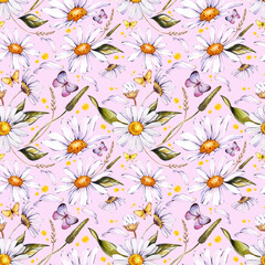 Акварельный бесшовный узор из цветов и листьев ромашки, травы, бабочек и пчел на розовом фоне