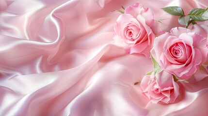 pink roses arranged on a soft pink satin fabric background, offering ample copy space for text, perfect for a banner design.