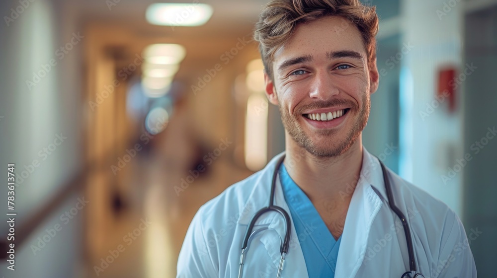 Wall mural smiling male doctor in hospital hallway