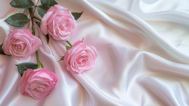 pink roses arranged on a soft white satin fabric background, offering ample copy space for text, perfect for a banner design.