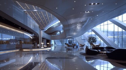 A panoramic view capturing the expansive lobby space from a strategic vantage point.
