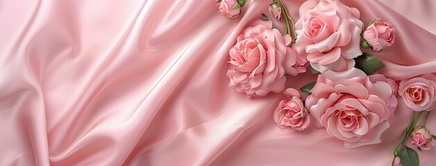 pink roses arranged on a soft pink satin fabric background, offering ample copy space for text, perfect for a banner design.
