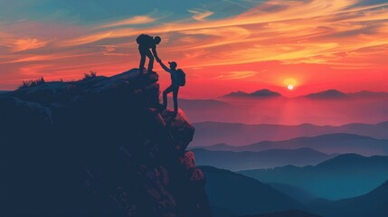 hiker hand in hand at cliff on high mountain at sunrise background. generative ai