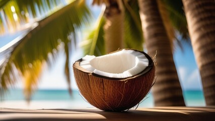 Coconut with half on the wood table on sunset background with palm and water ocean