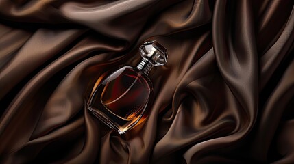 a men's perfume with a top-down photograph of the bottle resting on a luxurious dark brown silk fabric, capturing the essence of elegance and refinement in high resolution.