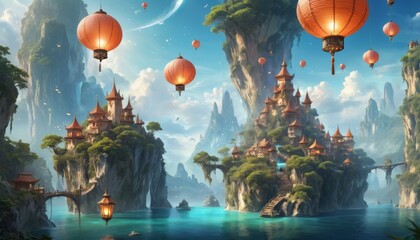 Floating lanterns ascend towards the sky above an ethereal village perched on vertical cliffs surrounded by a tranquil turquoise sea.. AI Generation - obrazy, fototapety, plakaty