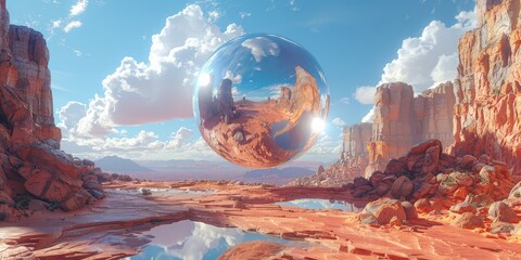 Futuristic chrome sphere levitating above ancient stone ruins in a vibrant alien landscape 