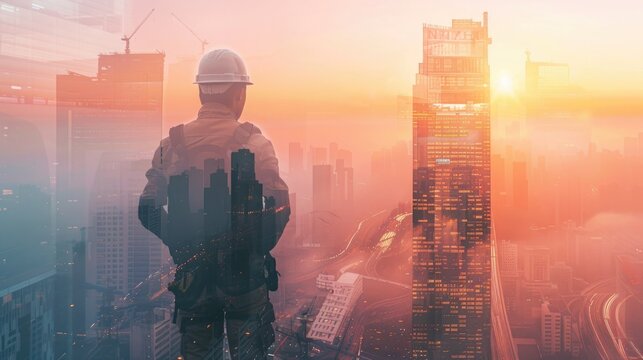 double exposure of engineer man with city building. generation ai