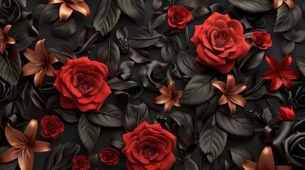Black background with red roses and leaves.